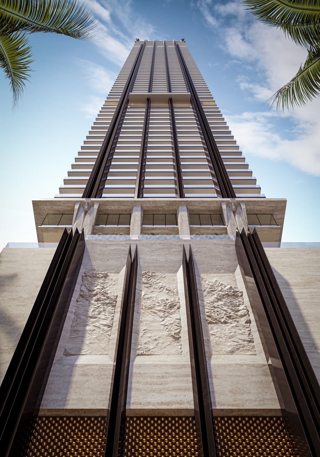 888 Brickell — sculptural façade detail in ivory travertine stone with bas-relief beams.