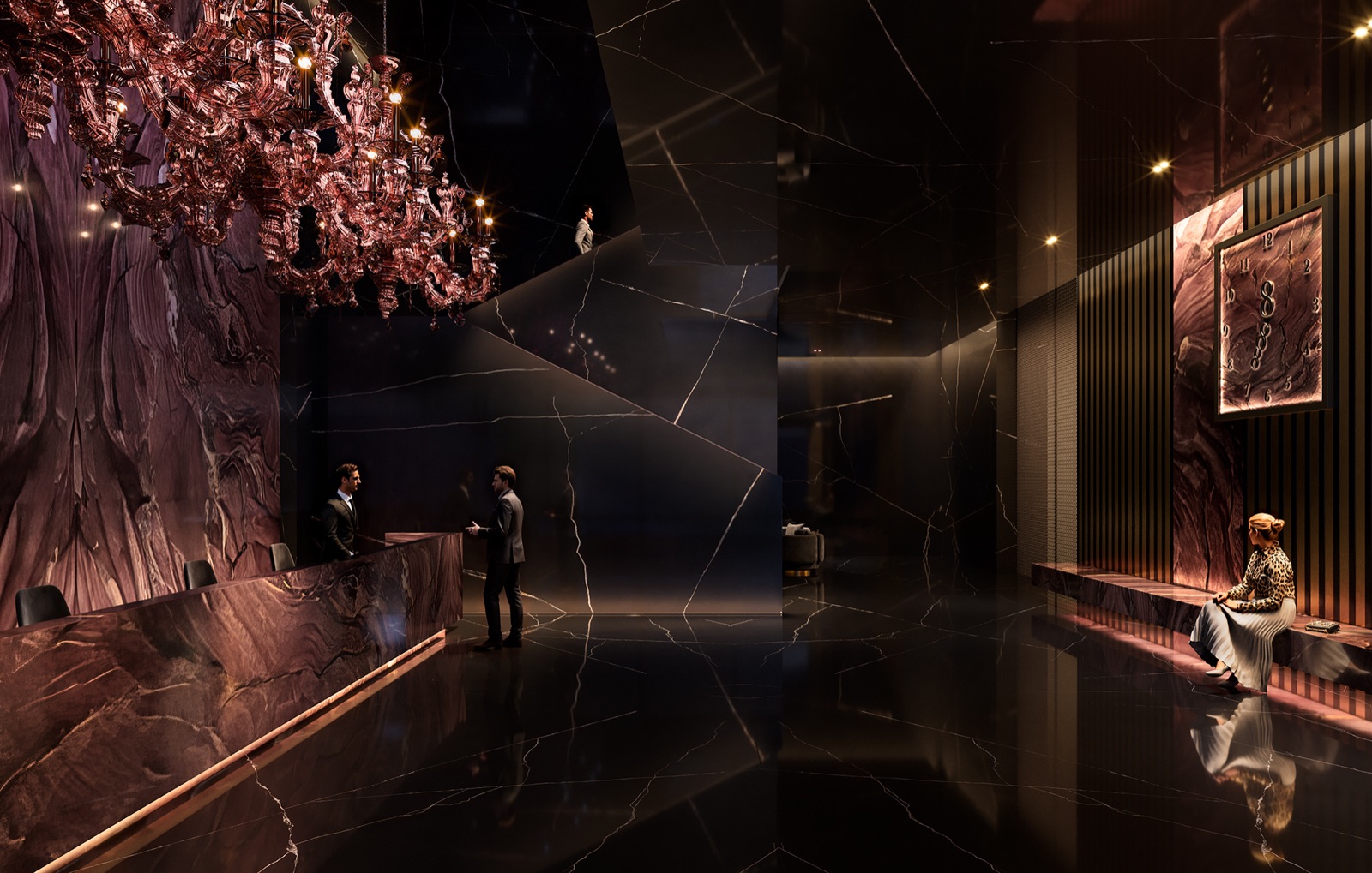 888 Brickell lobby — Dolce&Gabbana-designed grand residential lobby with custom Murano 888 chandeliers.
