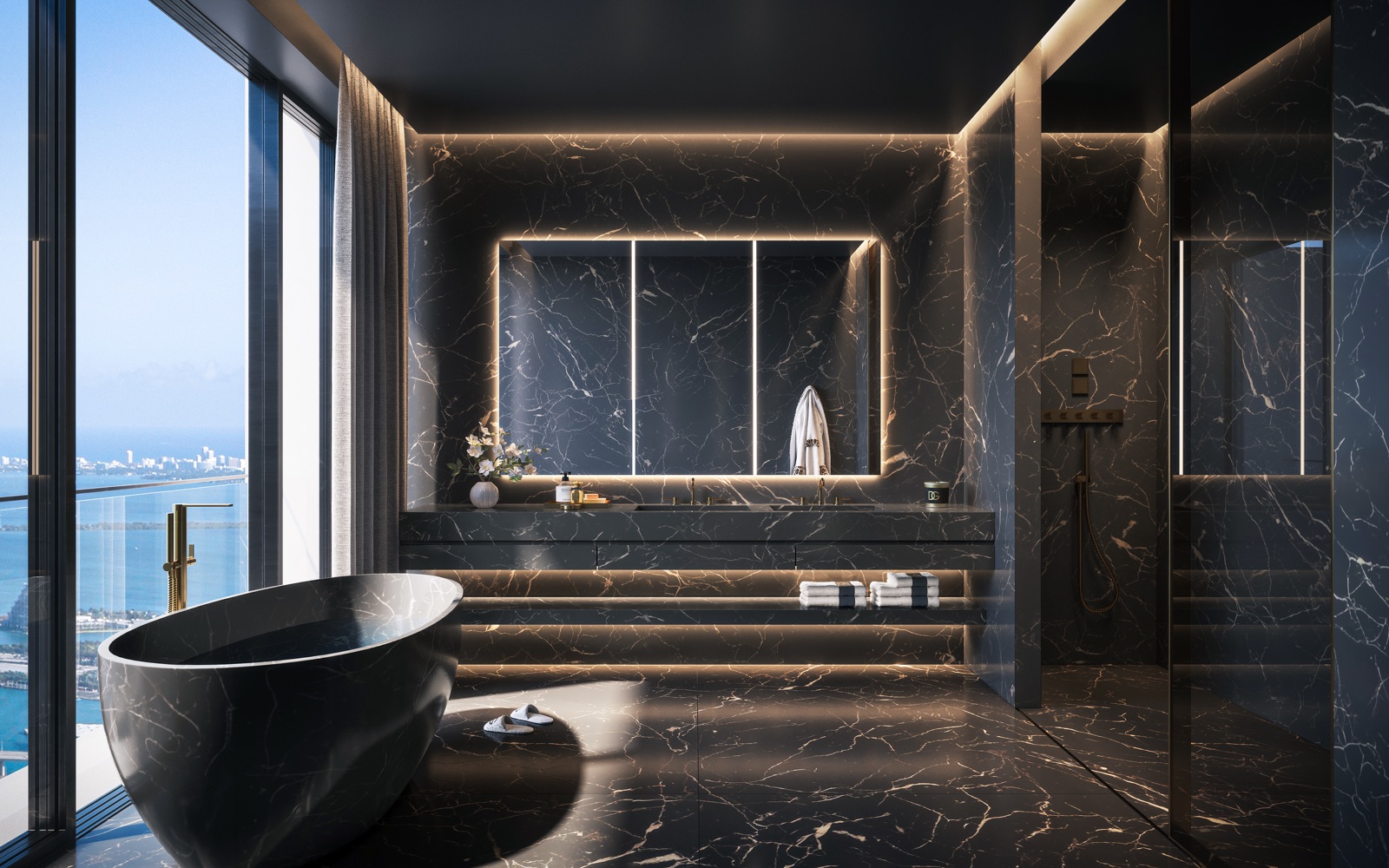 888 Brickell primary bath — custom Dolce&Gabbana bathroom in Sahara Noir marble.