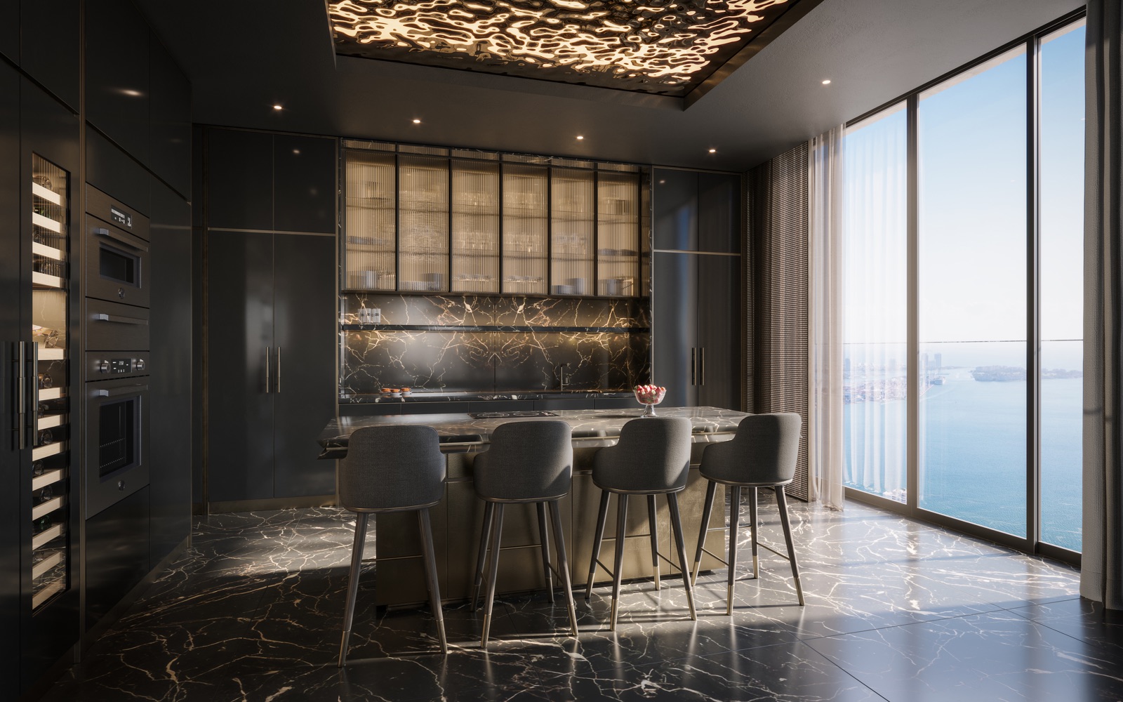 888 Brickell kitchen — custom Dolce&Gabbana cabinetry in Sahara Noir with Sub-Zero refrigerator, Miele dishwasher, and Wolf induction cooktop.