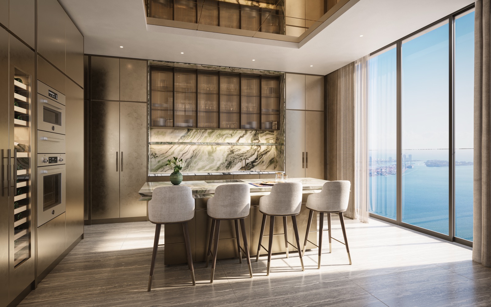 888 Brickell kitchen — custom Dolce&Gabbana cabinetry in Camelia Green marble, fully integrated Italian appliance package.