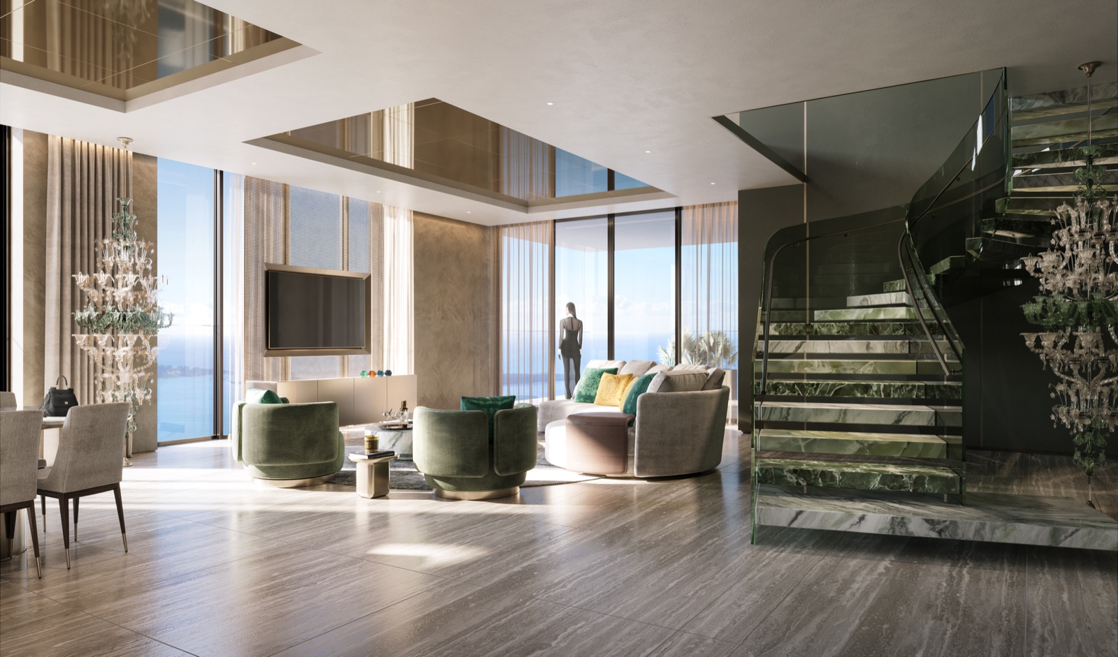 888 Brickell residence — great room in Camelia Green marble, Italian Dolce&Gabbana interior design.