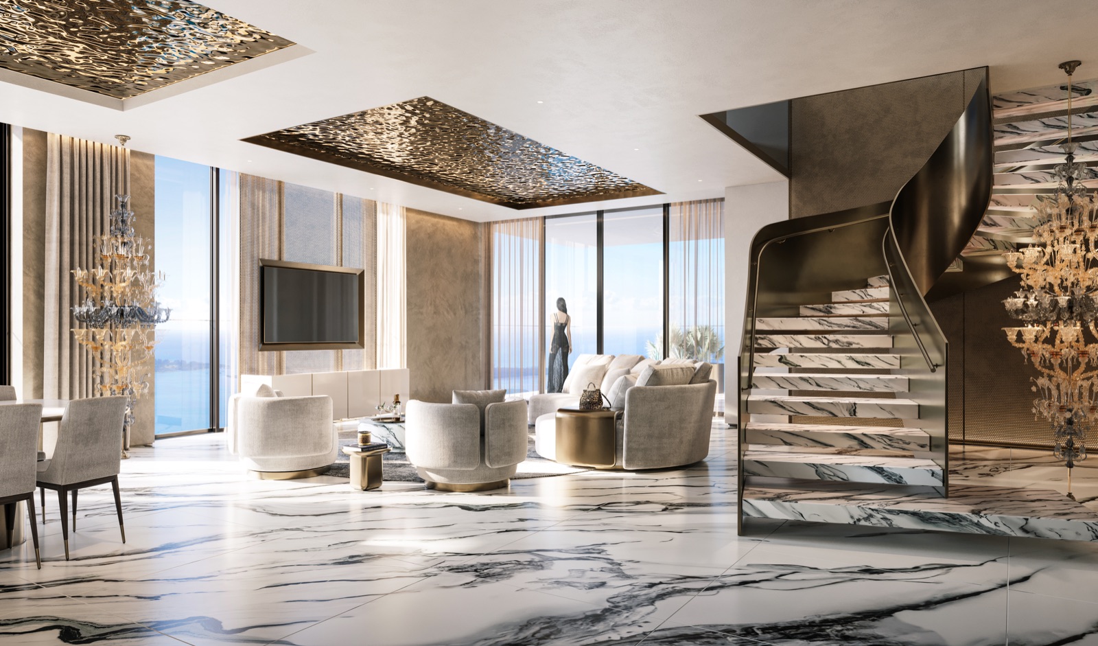 888 Brickell residence — great room in Covelano Macchia Vecchia marble, Italian Dolce&Gabbana interior design.