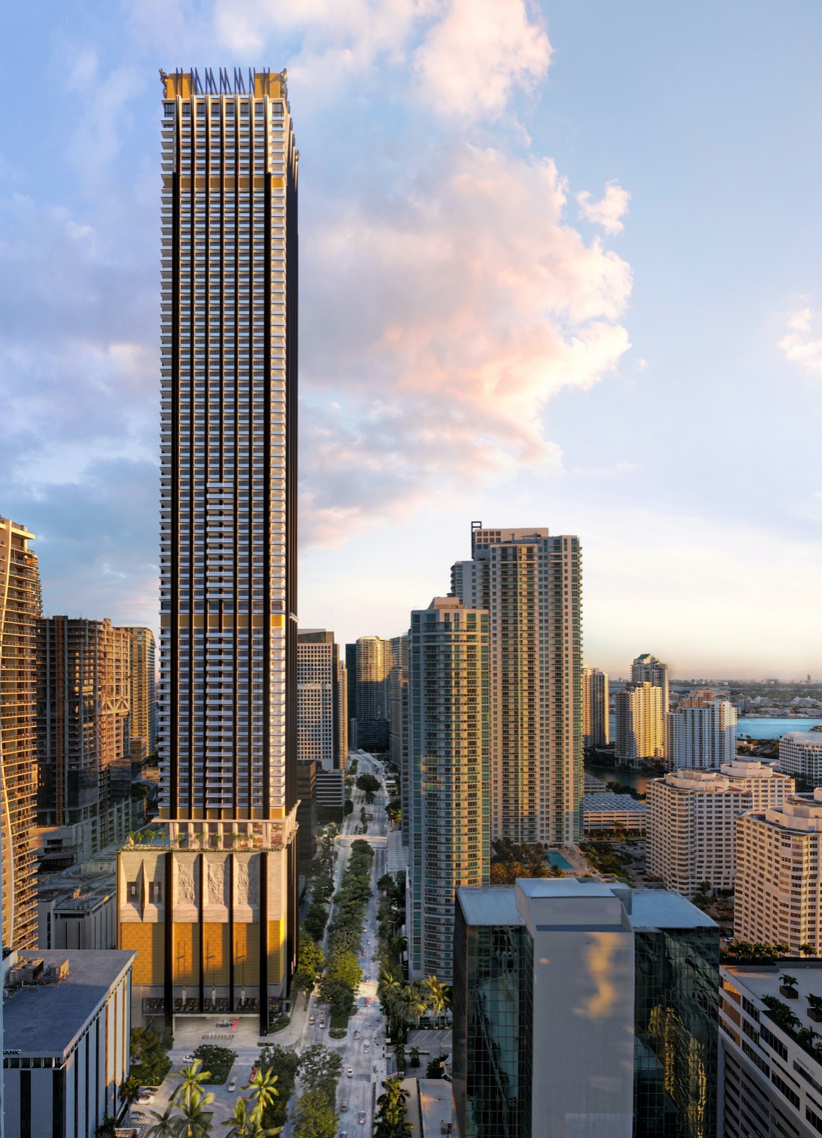 888 Brickell — Brickell Avenue view rising 1,049 feet above Miami.